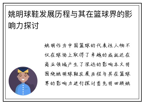姚明球鞋发展历程与其在篮球界的影响力探讨