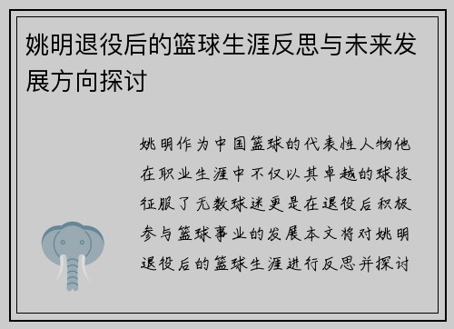 姚明退役后的篮球生涯反思与未来发展方向探讨