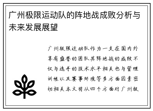 广州极限运动队的阵地战成败分析与未来发展展望