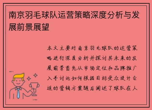 南京羽毛球队运营策略深度分析与发展前景展望