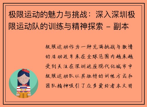 极限运动的魅力与挑战：深入深圳极限运动队的训练与精神探索 - 副本
